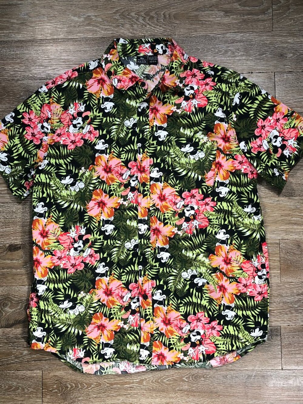 Disney Mickey Mouse Shirt Mens L Multicolor Floral Hawaiian Short Sleeve Regular